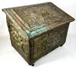 Antique Embossed Brass On Pub Inn Scene Fireplace Log Firewood Coal Box. Fixed Price $109.99.