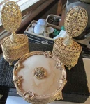 Antique Hollywood Regency 24K Gold Ormolo Perfume Decanter& Trinket Box Set Used. Fixed Price $100.00.