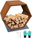 Heavy-duty Corten Steel Firewood Log Rack With Stylish Hexagon Design. Fixed Price $230.99.