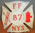 Vintage Fire Fighters Cast Sign Ff 87 Nys Clover Leaf Shape, White & Red. Fixed Price $153.40.