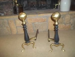 Antique Colonial Brass Ball Andirons Large 17 Tall Fireplace Log Holder Set. Fixed Price $129.00.