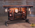 Steampunk Industrial Machine Age Lamp Console Boiler Door Pub Barn Wood Table. Fixed Price $4499.99.