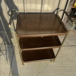 Vtg Cosco? Mid-century 3-TIER Metal Rolling Bar Serving Cart Faux Wood Finish Ln. Fixed Price $140.00.