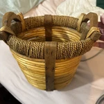 Vtg Gathering Basket Split Reed Jute Log Wood Handles Folk Art Rustic 8 Deep. Fixed Price $50.00.