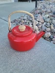 Vintage Red Enamel Teak Handle Copco Type Stove Top Kettle Mid Century. Fixed Price $22.00.