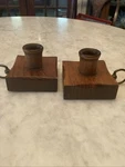 Vermont Wood Specialties Vintage Primitive Square Set 2 Brass Ring Candle Holder. Fixed Price $9.99.
